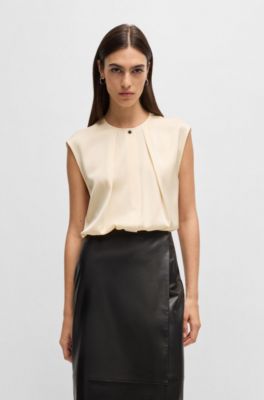 Fitted sleeveless blouse in stretch silk with concealed placket, Light Yellow