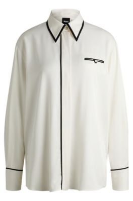Hugo Boss Loose-fit Blouse With Piped Edges In Soft Twill In White