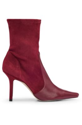 Ankle boots in suede and leather with side zip, Dark Red