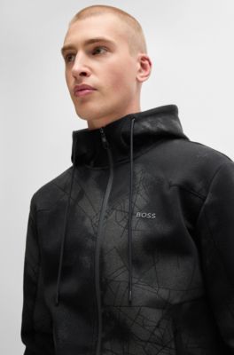 Zip-up hoodie with decorative reflective artwork, Black