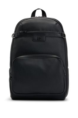 HUGO Grained faux leather backpack with stacked logo trim Black