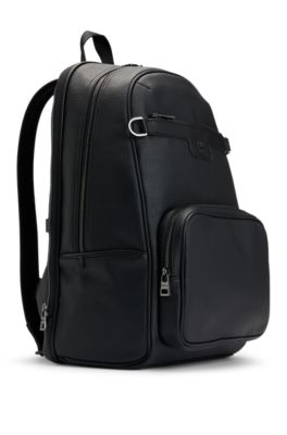HUGOバッグ HUGO - Grained faux-leather backpack with stacked logo trim - Black