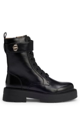 Lace-up boots in leather with Double B monogram, Black