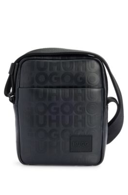 Hugo Reporter Bag In Faux Leather With Repeat-logo Motif In Black
