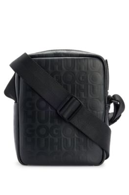 Reporter bag in faux leather with repeat-logo motif, Black
