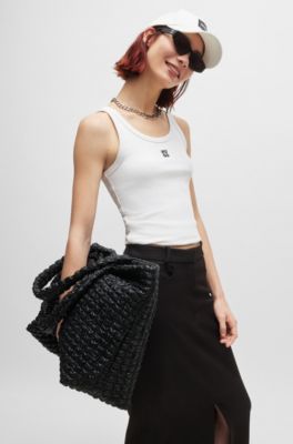 Faux-leather quilted-effect shopper bag with logo trim, Black