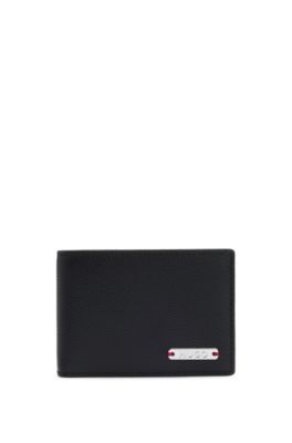 Tarjetero de piel granulada con placa de logo, Negro