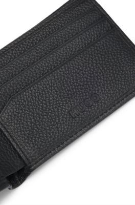 Tarjetero de piel granulada con placa de logo, Negro