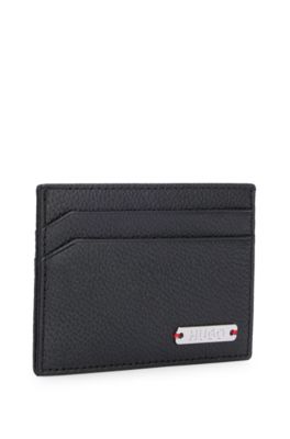 Grained-leather card holder with logo plate, Black