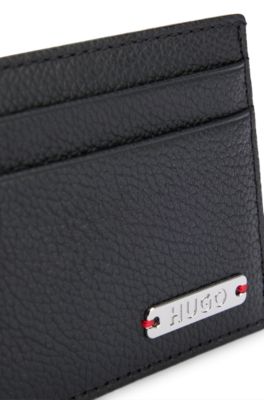 Grained-leather card holder with logo plate, Black
