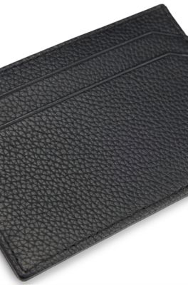 Grained-leather card holder with logo plate, Black