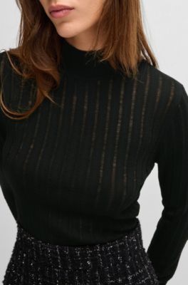Wool sweater with structured stripes, Black
