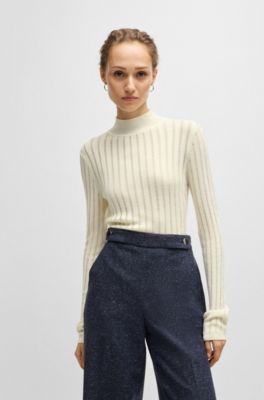 Wool sweater with structured stripes, White