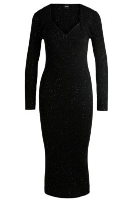 Hugo Boss Long-sleeved Knitted Dress With Sequin Embellishments In Black