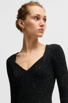 Long-sleeved knitted dress with sequin embellishments, Black