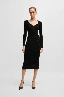 Long-sleeved knitted dress with sequin embellishments, Black