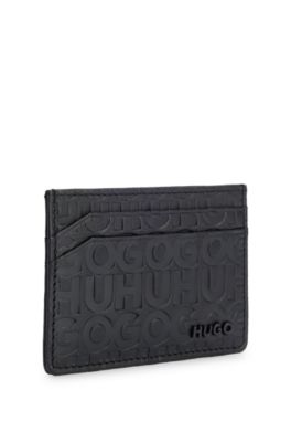 Matte-leather card holder with embossed logos, Black