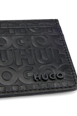 Matte-leather card holder with embossed logos, Black