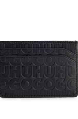 Matte-leather card holder with embossed logos, Black