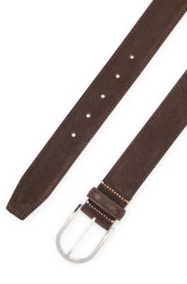 Italian-suede belt with rounded brass buckle, Dark Brown
