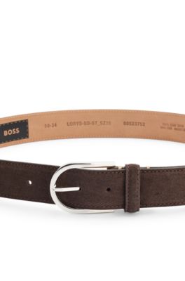 Italian-suede belt with rounded brass buckle, Dark Brown