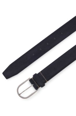 Italian-suede belt with rounded brass buckle, Dark Blue