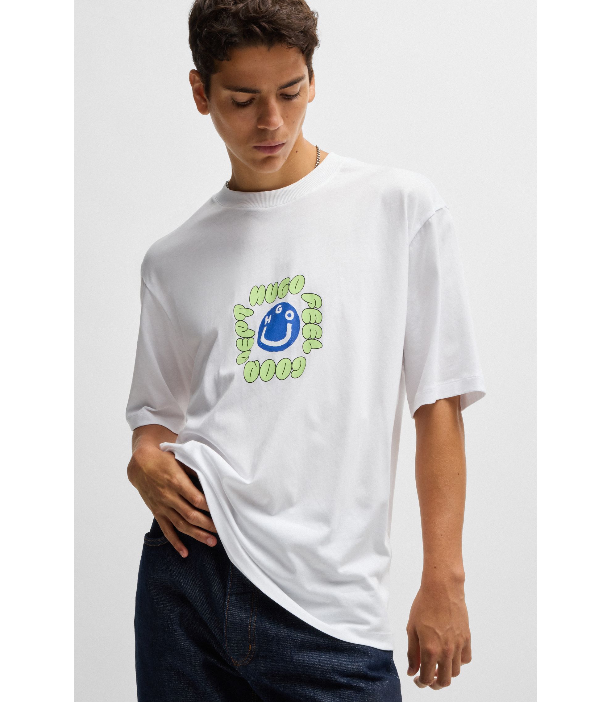 HUGO - Cotton-jersey T-shirt with seasonal prints - White