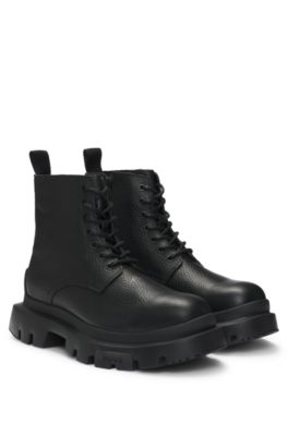 Hugo Boss Grained Leather Lace-up Boots With Chunky Sole In Black