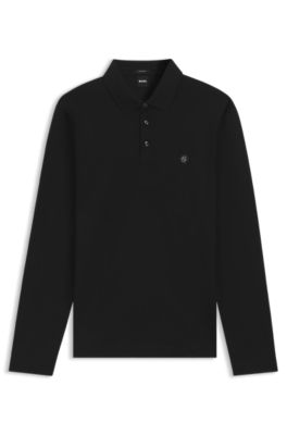 Long-sleeve cotton polo shirt with Double B monogram, Black