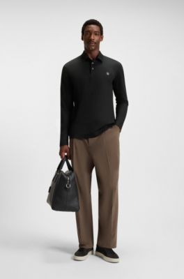 Polo de algod&oacute;n de manga larga con monograma Double B, Negro