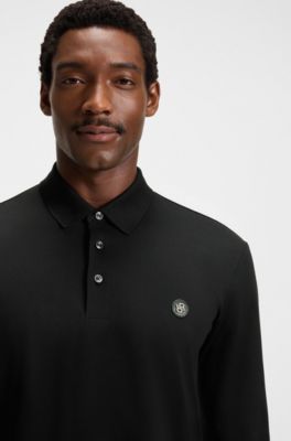 Polo de algod&oacute;n de manga larga con monograma Double B, Negro