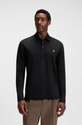 Long-sleeve cotton polo shirt with Double B monogram, Black