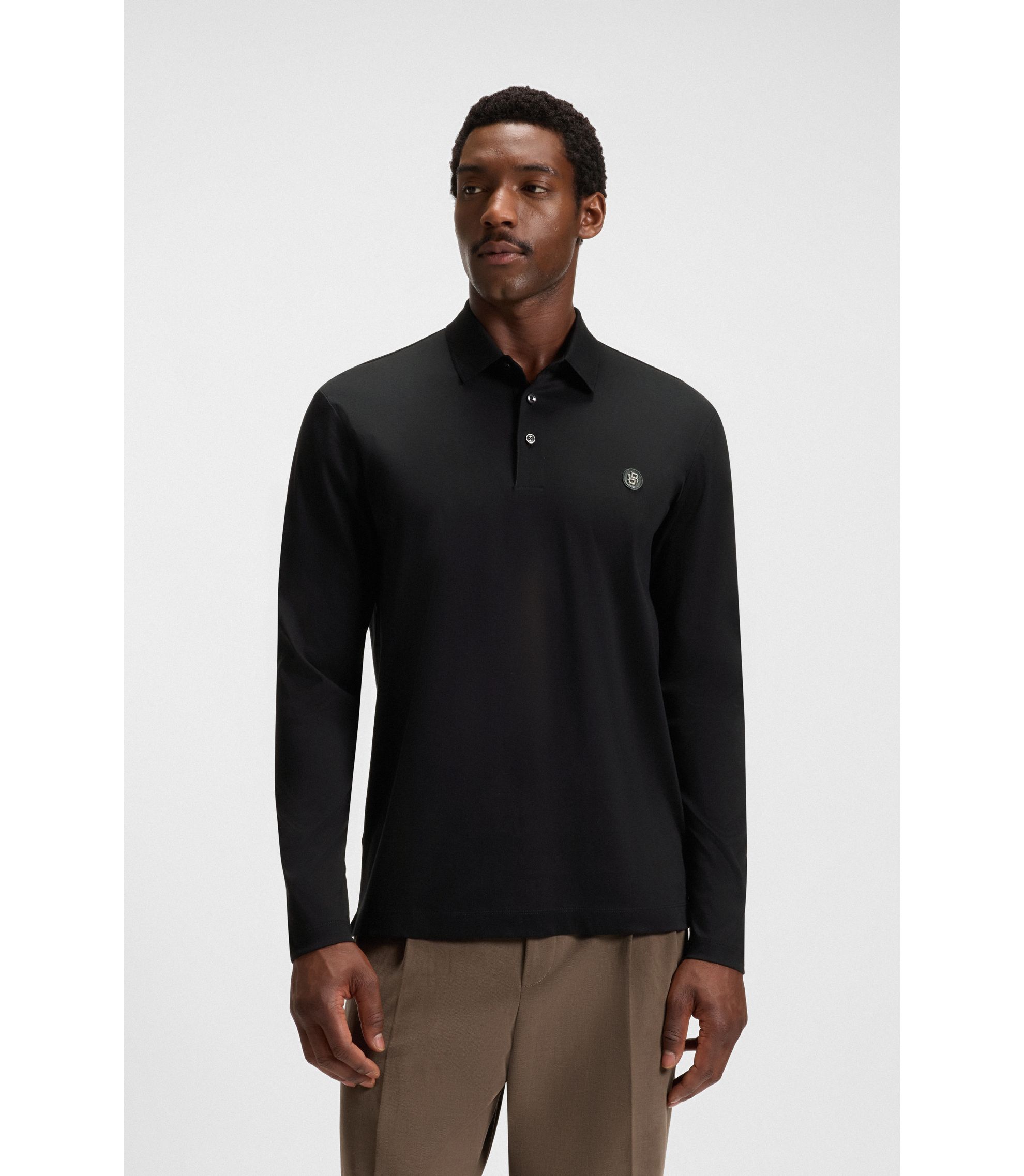 ✦ovy two Layers Long　Sleeve　Polo✦size✦М✦ BOSS - Mercerised-cotton polo shirt with Double B monogram - Black