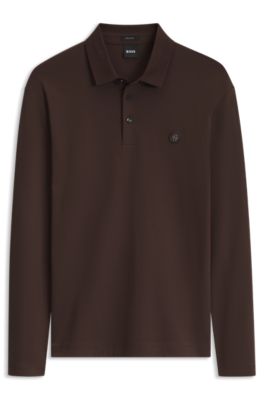 Polo en coton &agrave; manches longues avec monogramme Double B, Marron fonc&eacute;