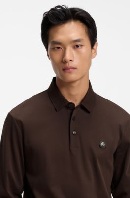Polo en coton &agrave; manches longues avec monogramme Double B, Marron fonc&eacute;