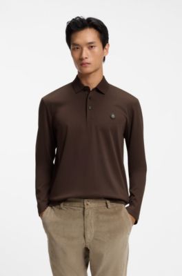 Polo en coton &agrave; manches longues avec monogramme Double B, Marron fonc&eacute;