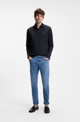 Long-sleeve cotton polo shirt with Double B monogram, Dark Blue