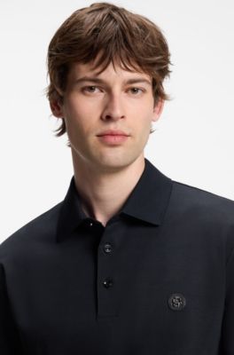 Long-sleeve cotton polo shirt with Double B monogram, Dark Blue