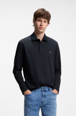 Long-sleeve cotton polo shirt with Double B monogram, Dark Blue