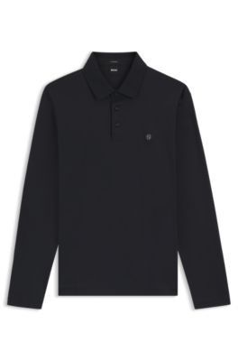 Long-sleeve cotton polo shirt with Double B monogram, Dark Blue