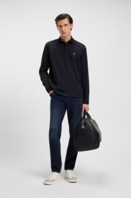 Polo de algod&oacute;n de manga larga con monograma Double B, Azul oscuro