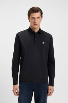 Polo de algod&oacute;n de manga larga con monograma Double B, Azul oscuro