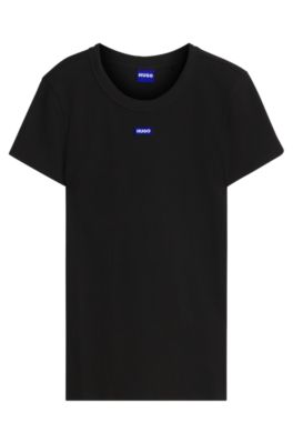 Camiseta slim fit de canal&eacute; de algod&oacute;n el&aacute;stico con logo, Negro