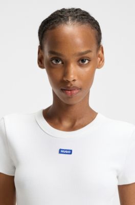 Camiseta slim fit de algod&oacute;n el&aacute;stico con insignia con logo, Blanco