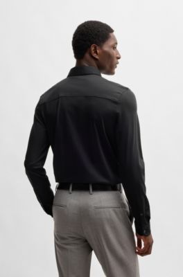 Camisa de manga larga slim fit en algod&oacute;n mercerizado, Negro