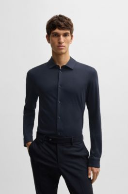 HUGO BOSS ネイビードレスシャツ スリムフィット42サイズ BOSS - Slim-fit long-sleeved shirt in mercerized cotton - Dark Blue