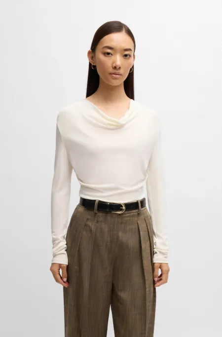 Long-sleeved top in stretch crepe with cowl neckline
