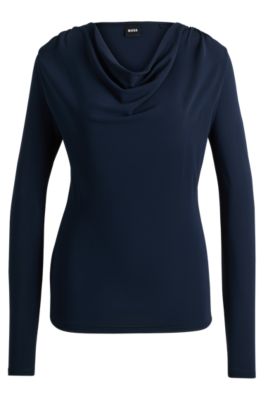 Hugo Boss Long-sleeved Top In Stretch Crepe With Cowl Neckline In Dark Blue