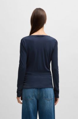 Top de manga larga en crep&eacute; el&aacute;stico con cuello en cascada, Azul oscuro