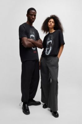 T-shirt Regular en jersey de coton avec motif animalier, Noir